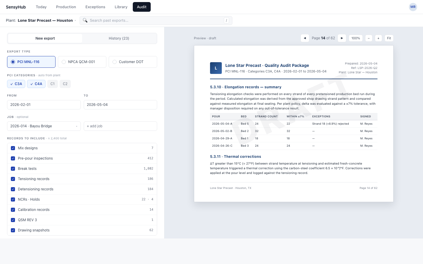SensyHub QC Audit view: an export builder with PCI MNL-116, NPCA QCM-001, and Customer DOT export modes, scope selectors for PCI categories, date range, job, and record types, alongside a live preview of the generated audit package PDF.